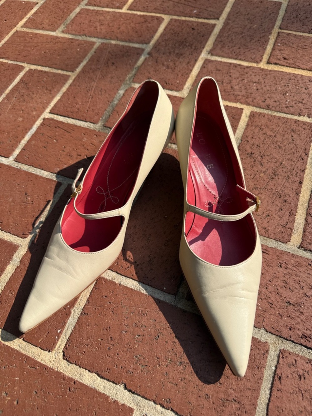 Loewe Cream leather Pointed-Toe Mary Jane kitten heel pumps